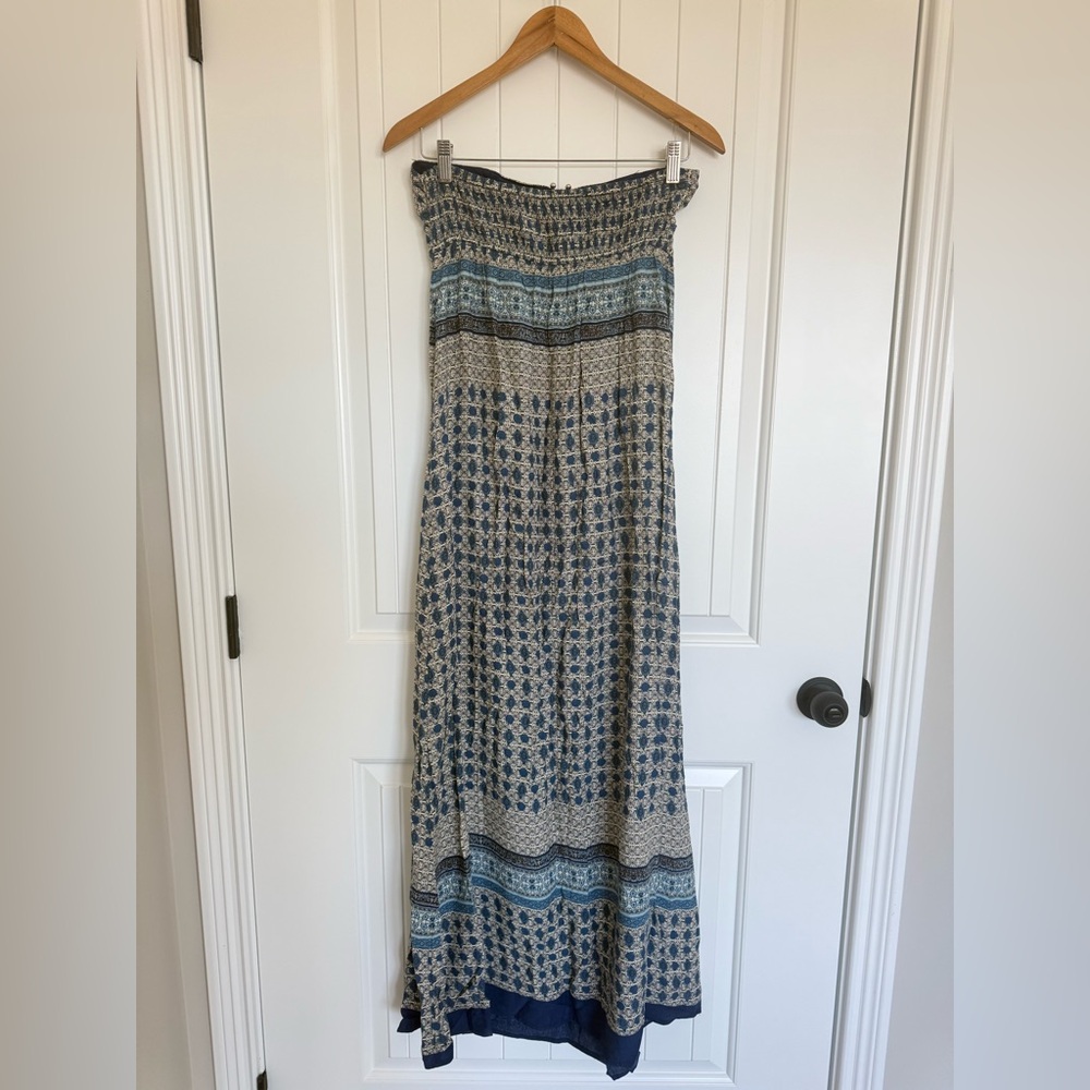 En Crème Boho Strapless Maxi Dress Blue Beige Paisley Geometric Print Small - Picture 4 of 7